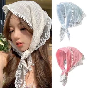 Pañuelo Triangular de Encaje a Cuadros Estilo Pastoral Vintage Francés para Mujer Verano Protección Solar Bandana de Pelo