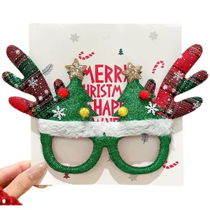 Cute glittery Christmas reindeer antler glasses frame with festive tree decor for party.