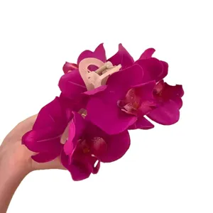 Elegant vibrant fuchsia orchid flower hair claw clip for women sweet hair accessories