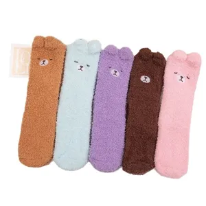 Cozy coral fleece floor socks with cute 3D bear ears and cartoon faces