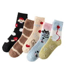 Fünf Paar warme Korallenfleece-Socken für Damen mit niedlichen Cartoon-Mustern