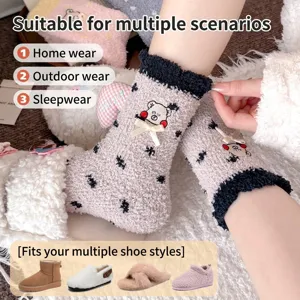 Weiche flauschige Korallenvlies-Wintersocken mit süßer Bärenstickerei und Schleife