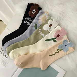 Detailed view of floral embroidery and texture on thick mid-calf women's socks