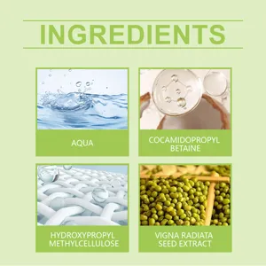 Mung bean facial cleanser ingredients detail, AQUA and natural plant extract formula for skin.