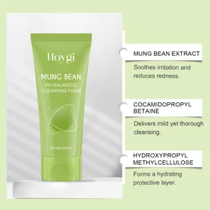 Green mung bean facial cleanser detail view, mild cleansing foam and soothing skin care specs.