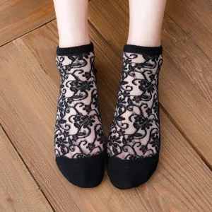 Eleganti calzini corti in pizzo floreale nero stile Lolita retrò per donne e ragazze alla moda