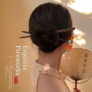 Traditional Chinese wooden hair stick with lantern tassel and floral ornament