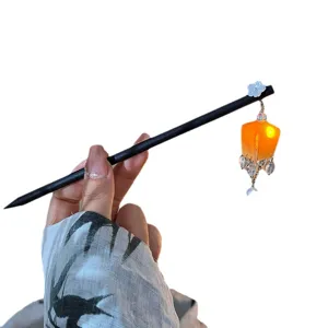 Elegant Chinese style hair stick with orange lantern tassel for Hanfu accessories