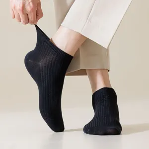 Detail shot of men's black low-cut boat socks with ribbed texture and elastic ankle