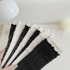 Dettaglio dei calzini JK in pizzo bianco e nero con eleganti bordi a volant per lei