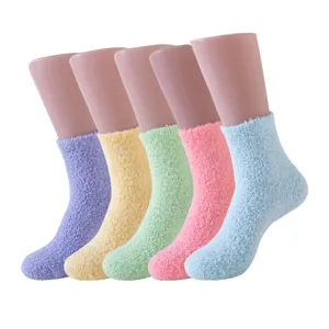 Set of five colorful fuzzy coral fleece sleep socks in vibrant pastel candy colors