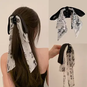 Pince à Cheveux Nœud en Ruban Style Nouveau Chinois Peinture à l'Encre Vintage Accessoire de Coiffure Calligraphie Élégante pour Femme