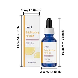 Gedetailleerd overzicht van HOYGI vitamine C gezichtsserum fles en doos met alle afmetingen
