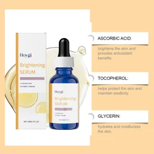 Gedetailleerd overzicht van Hoygi Vitamine C gezichtsserum fles en doos met belangrijke ingrediënten.
