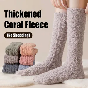 Damen Dicke Warme Korallenfleece Schlafsocken Winter Flauschige Zopfmuster Einfarbig Home Floor Crew Socken Für Kaltes Wetter