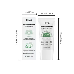 Vue détaillée montrant les dimensions exactes du tube de crème solaire et emballage.