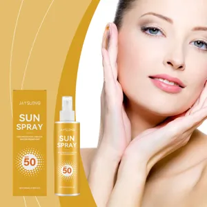 Vue détaillée de la bouteille et boîte de spray solaire imperméable JAYSUING avec protection SPF 50.