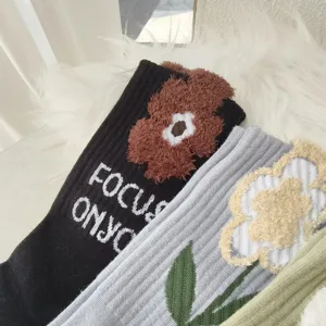 Macro detail of retro floral jacquard pattern on thickened winter mid-calf socks for women