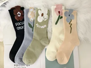 Macro view of vintage floral mid-calf socks featuring 3D fuzzy flower patches and text