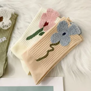 Cozy thickened winter crew socks with unique plush 3D flower decorations for women
