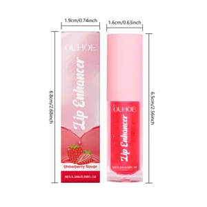 Vue détaillée du flacon d'huile à lèvres hydratante à la fraise OUHOE avec dimensions.