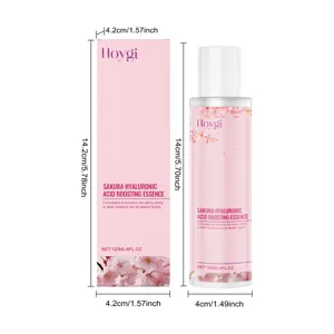 HOYGI sakura hyaluronic acid boosting essence detail view showing bottle and packaging box.
