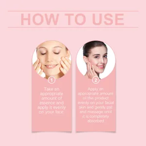 Usage guide infographic showing step-by-step application instructions for facial essence.