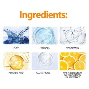 Detailed ingredient infographic showing aqua, protease, niacinamide, and orange extract.