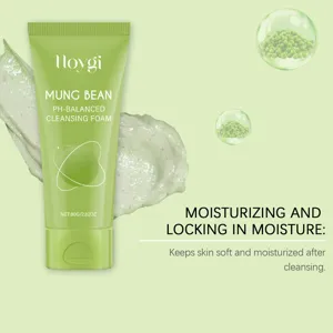 HOYGI mung bean cleansing foam detailed view showing green creamy texture and packaging.