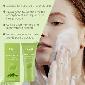 Detail view of the mung bean cleansing foam with rich lather, gentle and soothing for skin.
