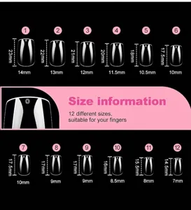 Tableau des tailles détaillé pour 12 tailles de faux ongles carrés transparents
