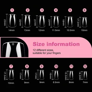 Guide des tailles pour faux ongles carrés transparents avec 12 options de dimensions