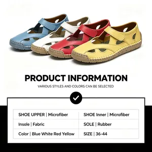 Detailed product information for women's hollow-out microfiber casual sandals.