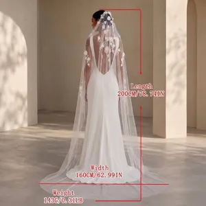 Long wedding veil with 3D floral appliques, 200cm length and 160cm width detail view