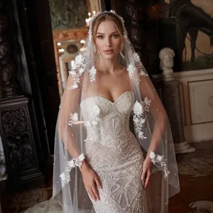 Elegant 3m cathedral bridal veil adorned with 3D floral appliqués and pearls