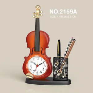 Orologio da tavolo creativo a forma di violino con portapenne per scrivania studenti