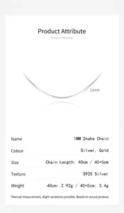 Detailed product specifications and size chart for 1mm S925 sterling silver snake bone chain