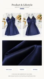 Nahaufnahme des marineblauen Satin-Nachthemds mit Spitzenbesatz und Lifestyle-Ansichten