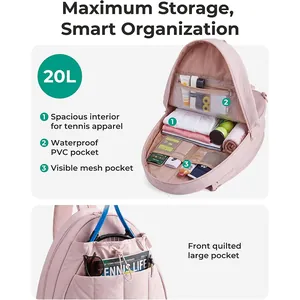 Detailansicht des rosa Sport-Tennis-Rucksacks mit 20L Kapazität und Innentaschen
