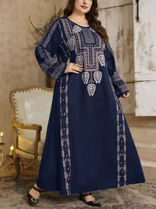 Elegant navy blue plus-size maxi robe featuring vintage ethnic patterns and long sleeves