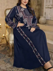 Vintage navy blue plus size maxi dress featuring intricate ethnic tribal pattern