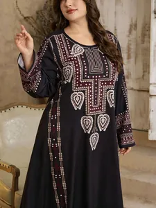 Elegant navy blue ethnic kaftan with intricate geometric patterns and long sleeves.