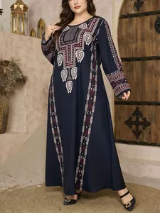 Elegant navy blue ethnic vintage plus size kaftan maxi dress with embroidery detail