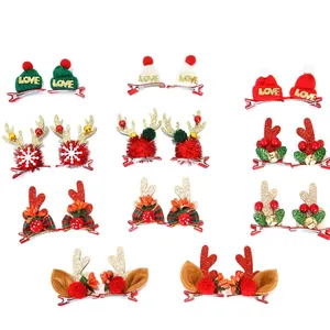 Feestelijke kersthaarclipset met glitter rendiergeweien, mini kerstmutsen en kleine bellen