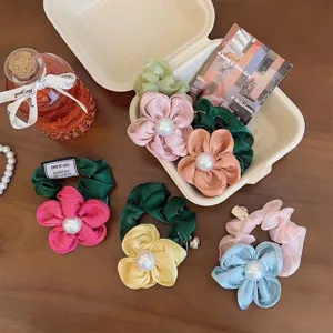 Vintage Satin Flower Scrunchie French Retro Artificial Pearl Hair Tie High Elasticity Floral Pony Tail Holder For Women