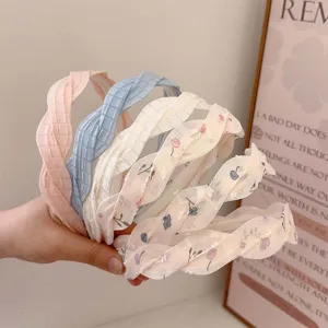 French Style Sweet Mesh Braided Headband For Women Girls Flat Twist Fabric Hair Band Floral Solid Color Hair Accessories
