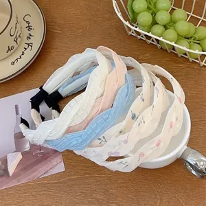 Sweet French style twisted mesh headbands with pastel colors and delicate floral patterns