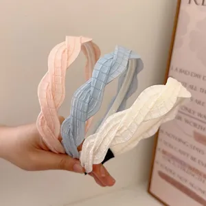 Sweet French style mesh twisted braided fabric headbands in pastel pink, blue, and white