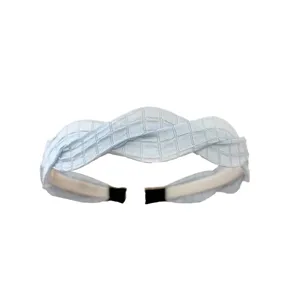Elegant light blue plaid braided fabric headband with a sweet French style design