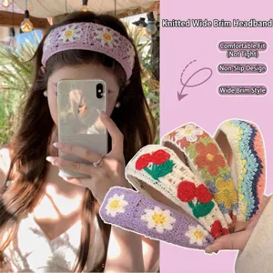 Serre-tête large en tricot fleuri pour femmes avec motifs de marguerites et cerises